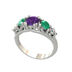 Eden 5 Taş Yüzük - Ametist, kök zümrüt ve pırlanta 8 ayar beyaz altın yüzük (0.36 karat) #1p9pm9b