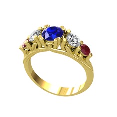 Eden 5 Taş Yüzük - Lab safir, swarovski ve kök yakut 14 ayar altın yüzük #1pbshhb