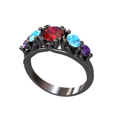 Eden 5 Taş Yüzük - Garnet, akuamarin ve ametist 925 ayar siyah rodyum kaplama gümüş yüzük #1r4g6gr