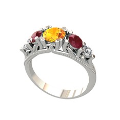 Sitrin, kök yakut ve swarovski 18 ayar beyaz altın yüzük