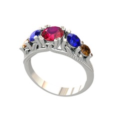Rodolit garnet, lab safir ve dumanlı kuvars 8 ayar beyaz altın yüzük