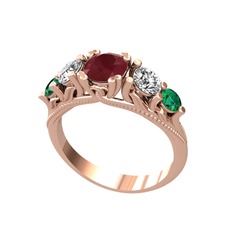 Eden 5 Taş Yüzük - Kök yakut, swarovski ve yeşil kuvars 8 ayar rose altın yüzük #1rmek1p