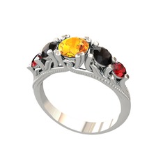 Sitrin, siyah zirkon ve garnet 18 ayar beyaz altın yüzük