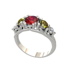 Eden 5 Taş Yüzük - Garnet, peridot ve pırlanta 18 ayar beyaz altın yüzük (0.36 karat) #1u9iny4