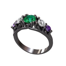 Eden 5 Taş Yüzük - Yeşil kuvars, swarovski ve ametist 925 ayar siyah rodyum kaplama gümüş yüzük #1uqehb6