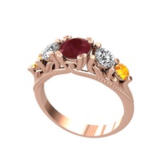 Eden 5 Taş Yüzük - Kök yakut, swarovski ve sitrin 18 ayar rose altın yüzük #1ur1rov