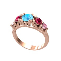 Akuamarin, rodolit garnet ve pembe kuvars 8 ayar rose altın yüzük