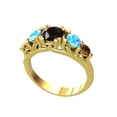 Siyah zirkon, akuamarin ve dumanlı kuvars 8 ayar altın yüzük