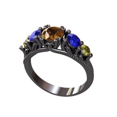 Eden 5 Taş Yüzük - Dumanlı kuvars, lab safir ve peridot 925 ayar siyah rodyum kaplama gümüş yüzük #1vmssbd