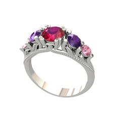 Rodolit garnet, ametist ve pembe kuvars 14 ayar beyaz altın yüzük