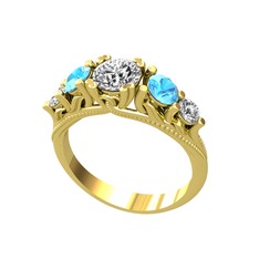 Beyaz zirkon, akuamarin ve swarovski 925 ayar altın kaplama gümüş yüzük