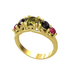 Peridot, siyah zirkon ve rodolit garnet 8 ayar altın yüzük