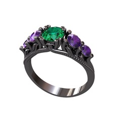 Yeşil kuvars ve ametist 925 ayar siyah rodyum kaplama gümüş yüzük