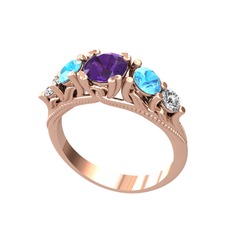 Eden 5 Taş Yüzük - Ametist, akuamarin ve pırlanta 925 ayar rose altın kaplama gümüş yüzük (0.36 karat) #1x7oipp
