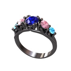 Eden 5 Taş Yüzük - Lab safir, pembe kuvars ve akuamarin 925 ayar siyah rodyum kaplama gümüş yüzük #1xuh6nc