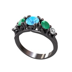 Eden 5 Taş Yüzük - Akuamarin, kök zümrüt ve pırlanta 925 ayar siyah rodyum kaplama gümüş yüzük (0.36 karat) #1xvgaox