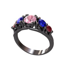 Eden 5 Taş Yüzük - Pembe kuvars, lab safir ve kök yakut 925 ayar siyah rodyum kaplama gümüş yüzük #1xxckur