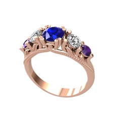 Eden 5 Taş Yüzük - Lab safir, swarovski ve ametist 8 ayar rose altın yüzük #1y2ymu7