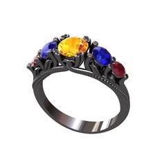 Eden 5 Taş Yüzük - Sitrin, lab safir ve kök yakut 925 ayar siyah rodyum kaplama gümüş yüzük #1y7fc3m