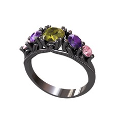 Eden 5 Taş Yüzük - Peridot, ametist ve pembe kuvars 925 ayar siyah rodyum kaplama gümüş yüzük #1ykt116