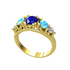 Lab safir, akuamarin ve pırlanta 8 ayar altın yüzük (0.36 karat)