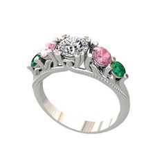 Swarovski, pembe kuvars ve yeşil kuvars 14 ayar beyaz altın yüzük