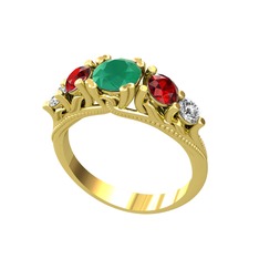 Eden 5 Taş Yüzük - Kök zümrüt, garnet ve swarovski 14 ayar altın yüzük #2qbev9