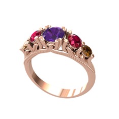 Eden 5 Taş Yüzük - Ametist, rodolit garnet ve dumanlı kuvars 14 ayar rose altın yüzük #3l4eod