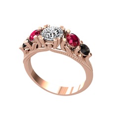 Eden 5 Taş Yüzük - Beyaz zirkon, rodolit garnet ve siyah zirkon 8 ayar rose altın yüzük #3ljecu