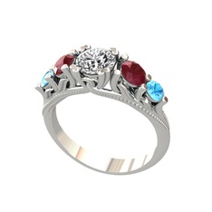 Eden 5 Taş Yüzük - Swarovski, kök yakut ve akuamarin 18 ayar beyaz altın yüzük #4rmiva