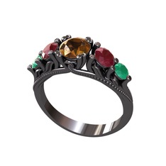 Eden 5 Taş Yüzük - Dumanlı kuvars, kök yakut ve kök zümrüt 925 ayar siyah rodyum kaplama gümüş yüzük #6egrxg
