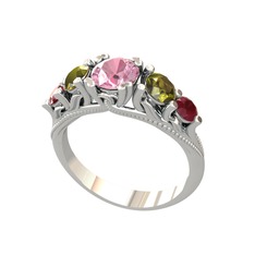Pembe kuvars, peridot ve kök yakut 8 ayar beyaz altın yüzük