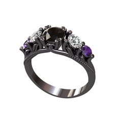 Siyah zirkon, swarovski ve ametist 925 ayar siyah rodyum kaplama gümüş yüzük