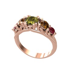 Peridot, dumanlı kuvars ve kök yakut 14 ayar rose altın yüzük