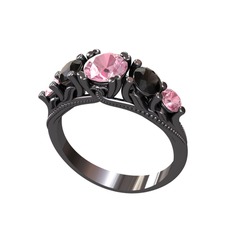 Eden 5 Taş Yüzük - Pembe kuvars ve siyah zirkon 925 ayar siyah rodyum kaplama gümüş yüzük #7zqu7h