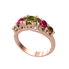 Eden 5 Taş Yüzük - Peridot, rodolit garnet ve dumanlı kuvars 14 ayar rose altın yüzük #826gan