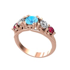 Akuamarin, swarovski ve rodolit garnet 8 ayar rose altın yüzük