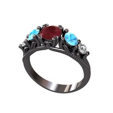 Eden 5 Taş Yüzük - Kök yakut, akuamarin ve swarovski 925 ayar siyah rodyum kaplama gümüş yüzük #902qbn