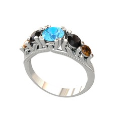 Eden 5 Taş Yüzük - Akuamarin, siyah zirkon ve dumanlı kuvars 18 ayar beyaz altın yüzük #9ip1rs