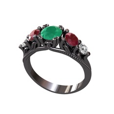 Eden 5 Taş Yüzük - Kök zümrüt, kök yakut ve swarovski 925 ayar siyah rodyum kaplama gümüş yüzük #9lj96d