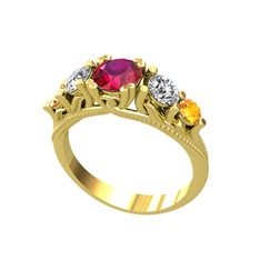Eden 5 Taş Yüzük - Rodolit garnet, beyaz zirkon ve sitrin 8 ayar altın yüzük #a8qy5g