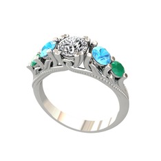 Eden 5 Taş Yüzük - Swarovski, akuamarin ve kök zümrüt 18 ayar beyaz altın yüzük #agty2j