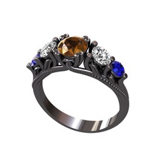 Eden 5 Taş Yüzük - Dumanlı kuvars, swarovski ve lab safir 925 ayar siyah rodyum kaplama gümüş yüzük #anlk9u