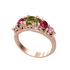 Peridot, rodolit garnet ve pembe kuvars 8 ayar rose altın yüzük