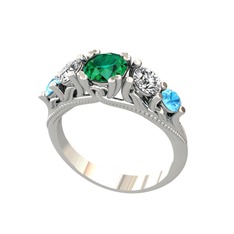 Eden 5 Taş Yüzük - Yeşil kuvars, beyaz zirkon ve akuamarin 8 ayar beyaz altın yüzük #aui43y