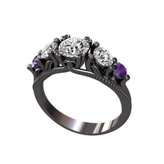 Beyaz zirkon, swarovski ve ametist 925 ayar siyah rodyum kaplama gümüş yüzük