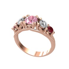 Pembe kuvars, beyaz zirkon ve kök yakut 8 ayar rose altın yüzük