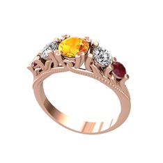 Sitrin, swarovski ve kök yakut 8 ayar rose altın yüzük