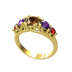 Dumanlı kuvars, ametist ve garnet 14 ayar altın yüzük