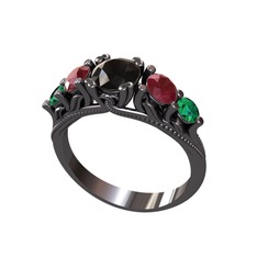 Eden 5 Taş Yüzük - Siyah zirkon, kök yakut ve yeşil kuvars 925 ayar siyah rodyum kaplama gümüş yüzük #d3jcse